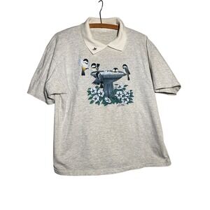 Morning Sun Vintage Chickadee Birdbath Graphic Polo Shirt Women M/L Cottagecore
